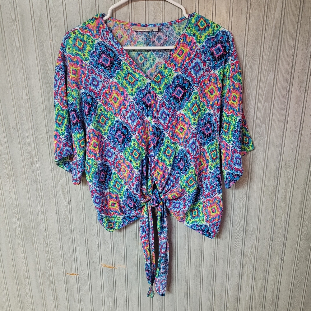 Hailey Lyn Womens Bright Neon Front Tie Short Sleeve Blouse Size S